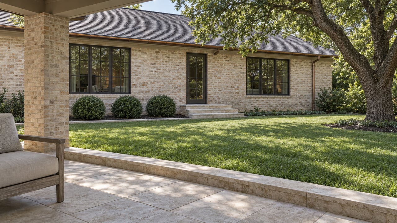 Shaded limestone terrace overlooking a lawn, mature live oak and pale brick home with dark-framed windows.