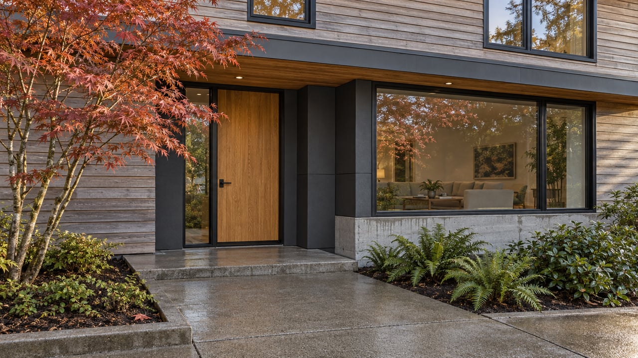 Cedar-clad home entrance with black-framed windows, a damp concrete approach, vine maple and sword ferns.