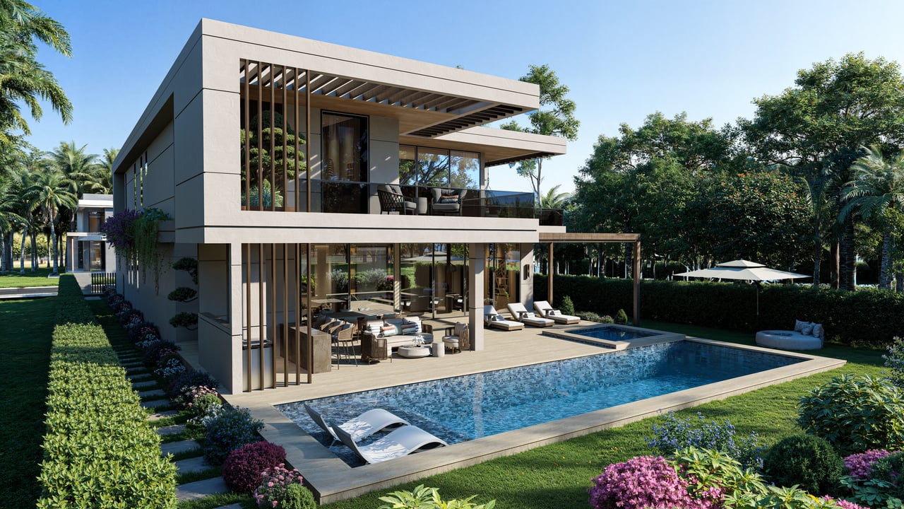 Modern two-story house with a glass-fronted balcony overlooking a landscaped pool.