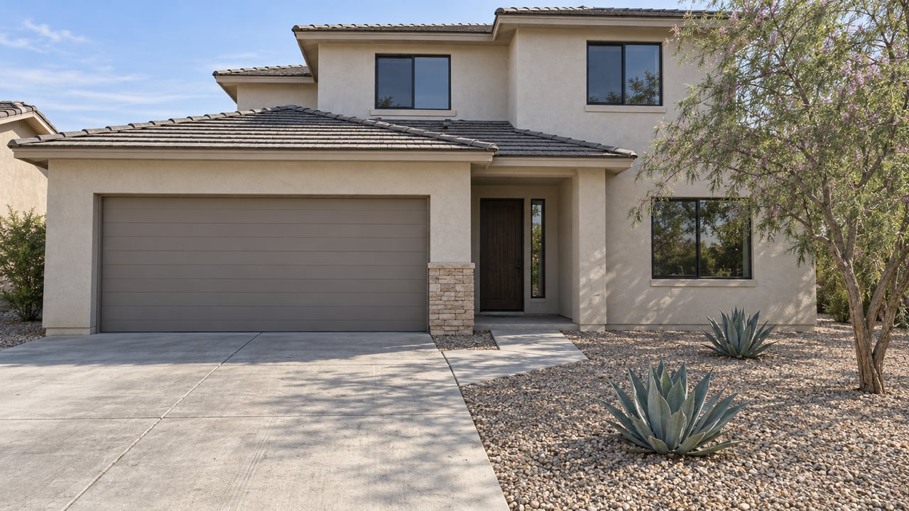 Two-story ivory stucco home with a tiled roof, recessed entry, concrete driveway, and a desert willow above a gravel bed with two agaves.