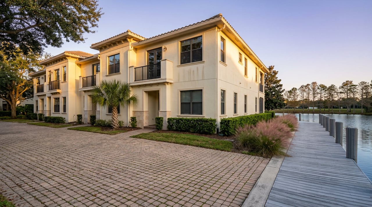 Three ivory stucco townhomes with balconies overlook a lake inlet and weathered dock, framed by oak and cypress trees.