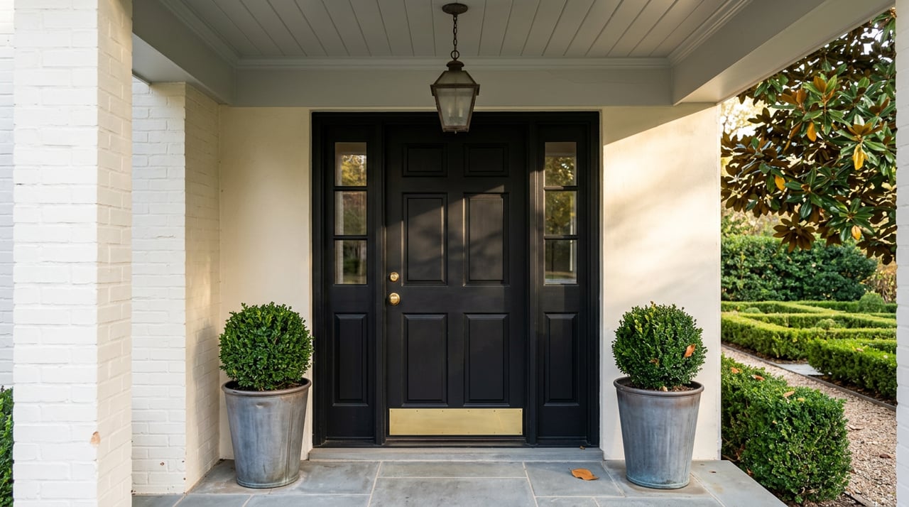 Black six-panel front door with brass hardware, flanked by zinc planters beneath an ivory portico.