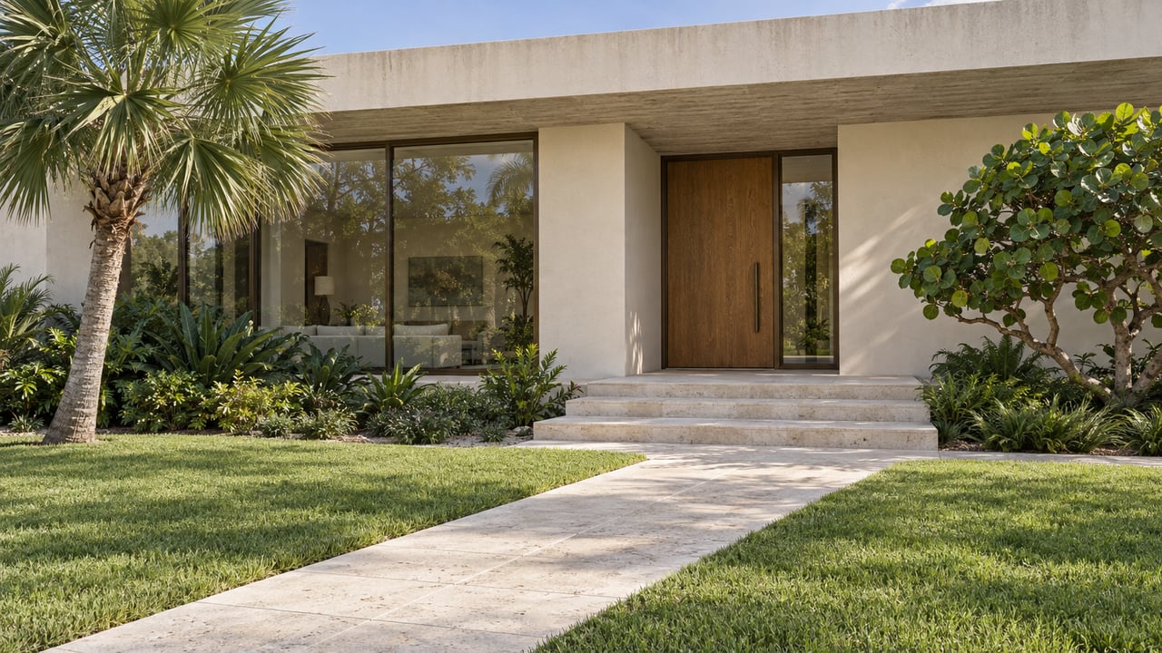 Contemporary ivory stucco home with a limestone approach, bronze-framed glass, oak entry door and sculptural tropical planting.