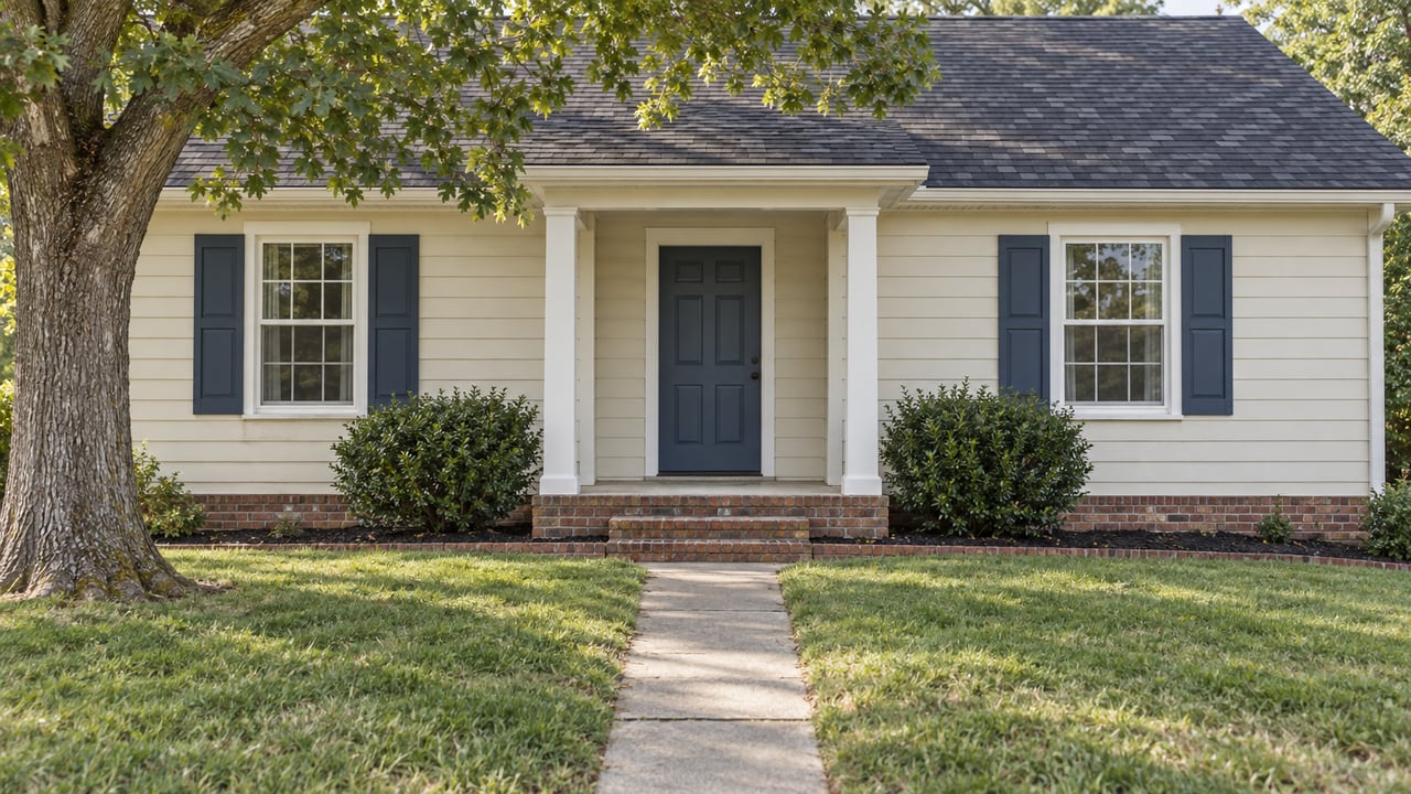 Cream-sided home with blue shutters and recessed blue door, front lawn, brick steps, and mature oak.