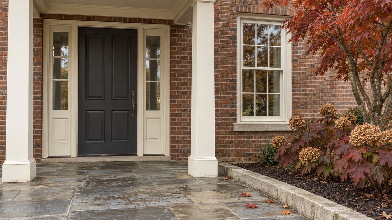 Brick home's covered entry with charcoal door, ivory trim, weathered bluestone and copper-red maple leaves.