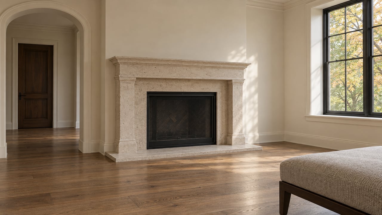 Honed limestone fireplace beside an arched hallway, with oak floors and daylight entering through a black-framed window.