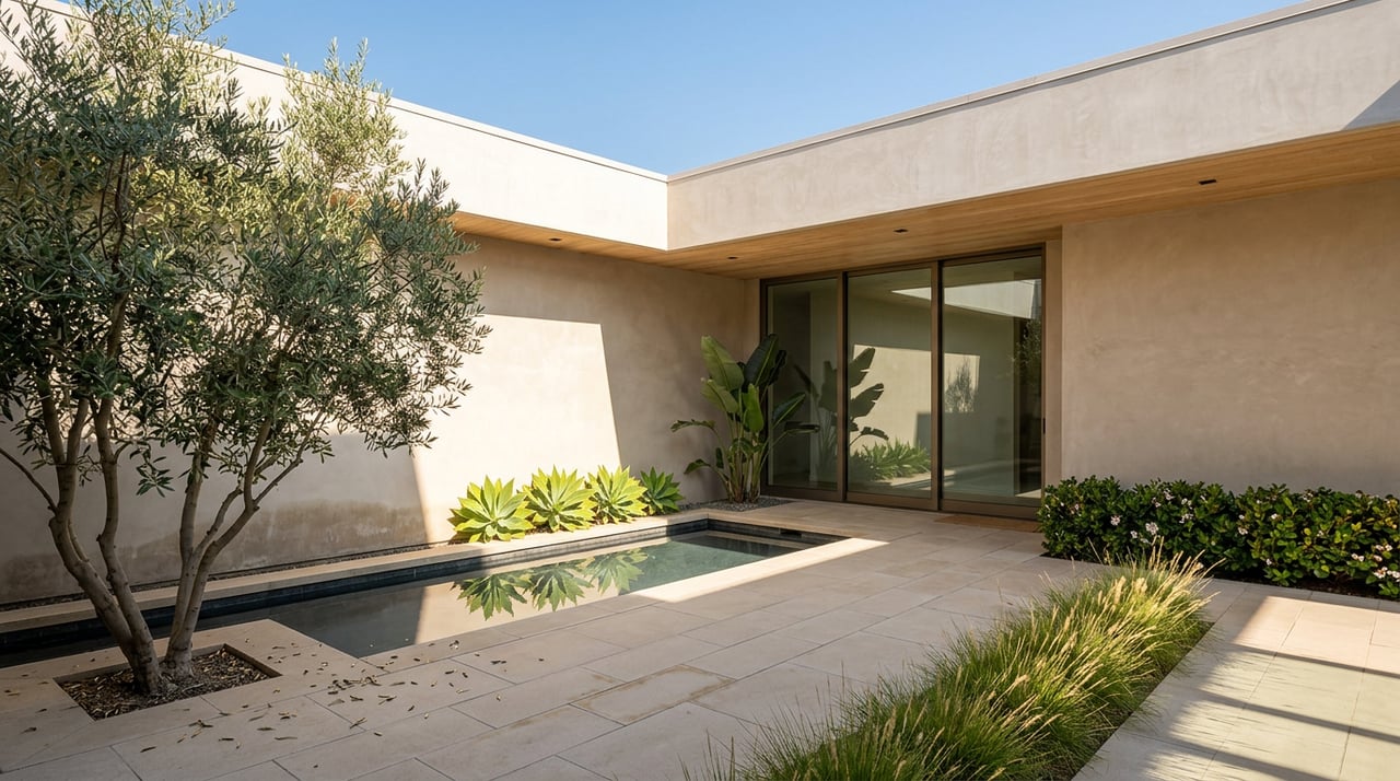 Coastal home courtyard with plaster walls, glass doors, a still water feature, olive tree, agaves, and pale pavers.
