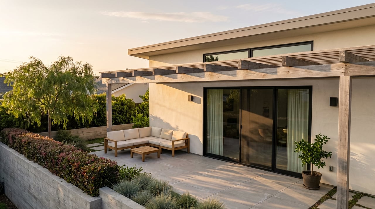 Rear patio with cedar pergola, stucco facade, sliding glass doors, teak seating, and clipped shrubs.