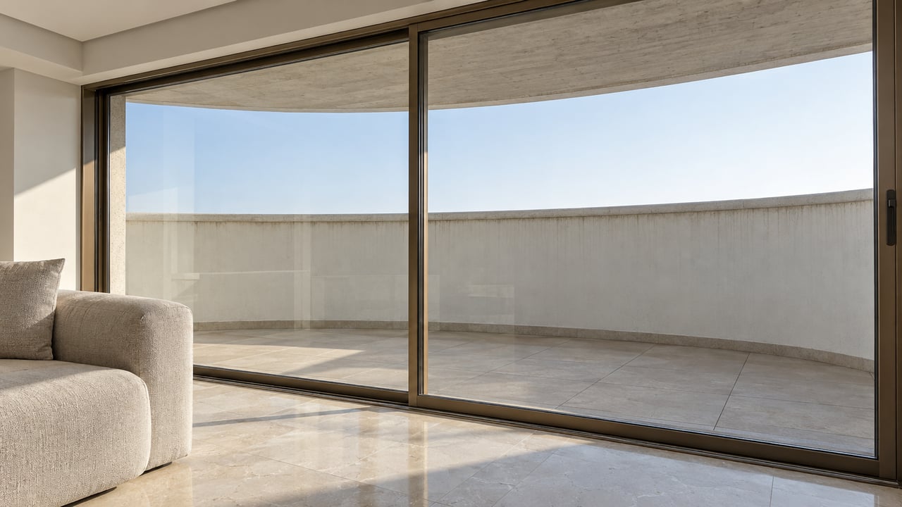 Close architectural photograph of a limestone-floored condominium living room with bronze-framed terrace glazing, a linen sofa edge, and a curved white parapet outside.