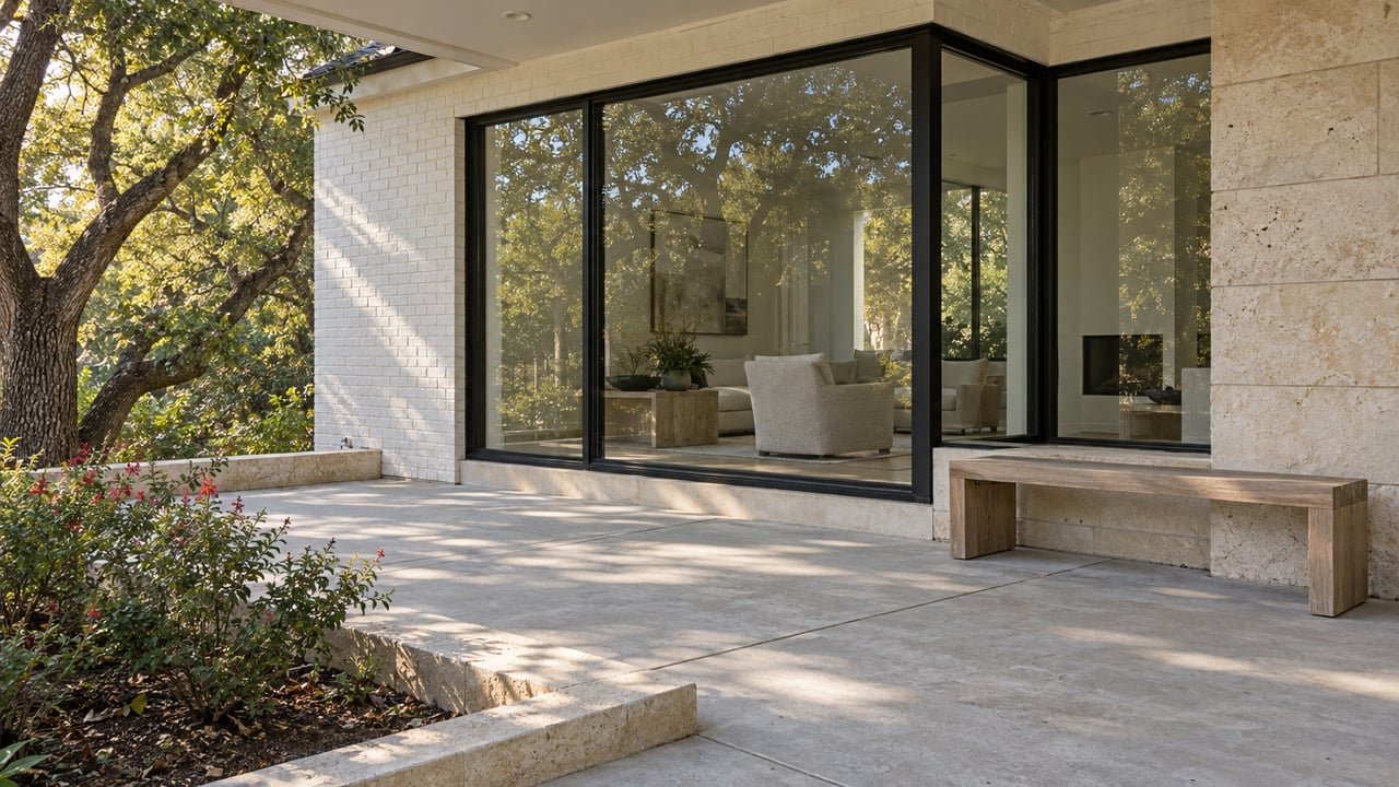 Sheltered concrete terrace beside black-framed living-room glazing, cream limestone and a wood bench, with a mature oak at the edge.