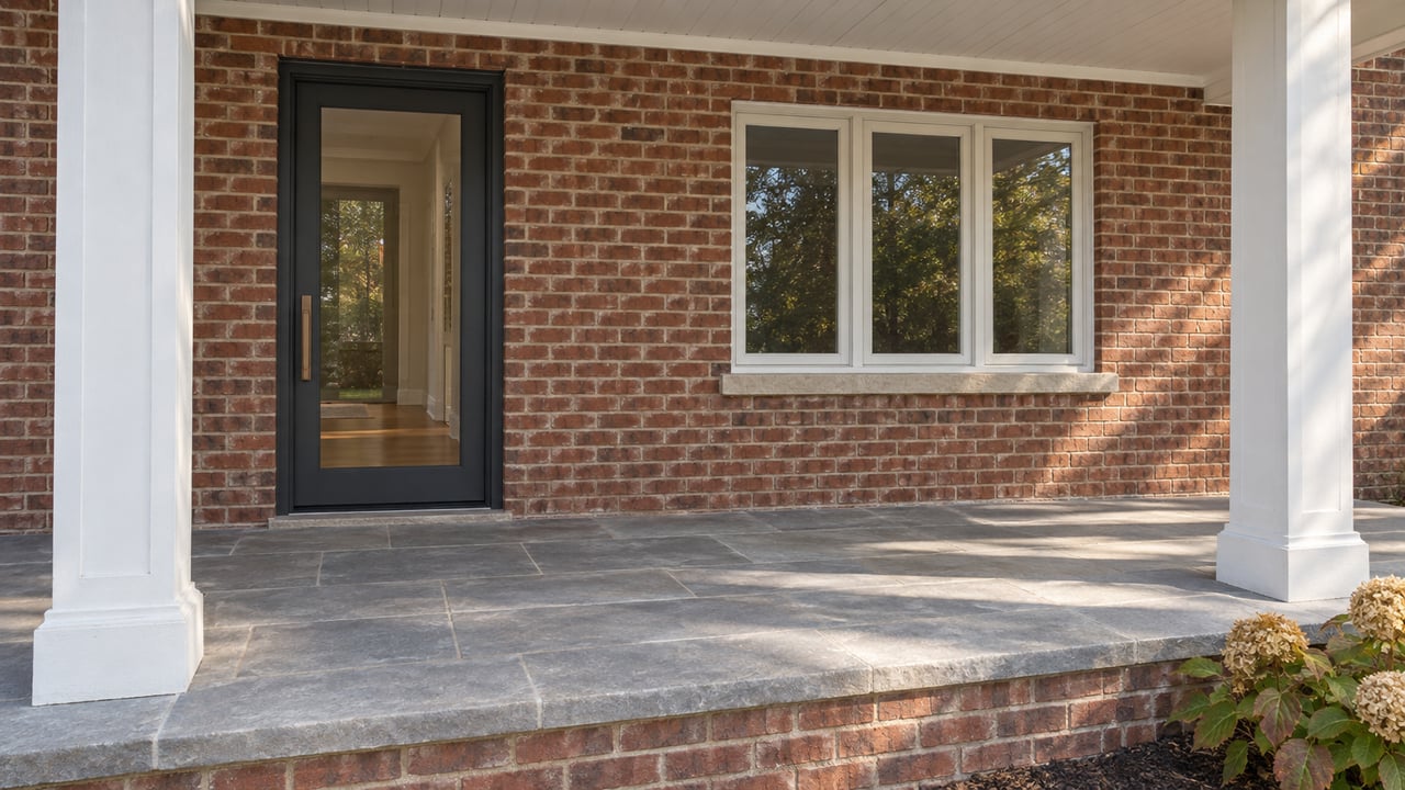 Brick home entry beneath a white covered porch, with a glazed charcoal door, grouped windows and limestone paving above an oakleaf hydrangea bed.