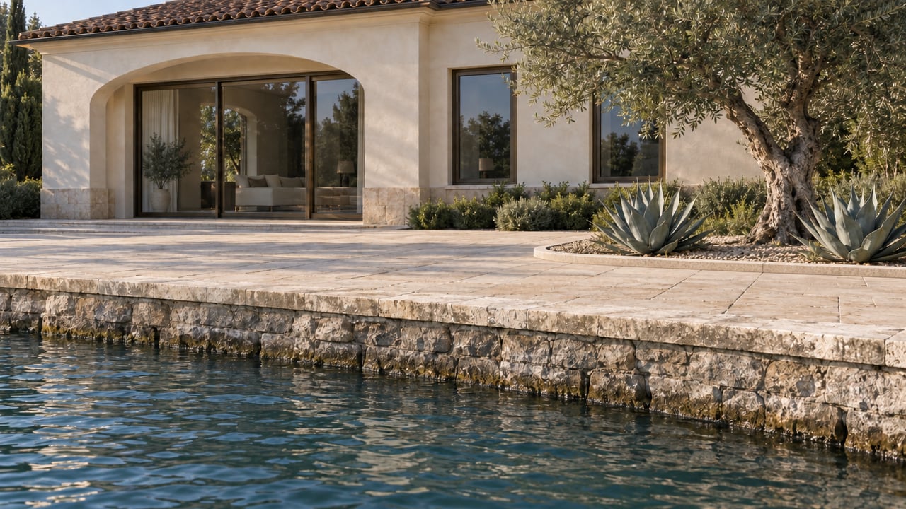Olive tree in a gravel bed bordered by limestone beside a paved terrace and water.