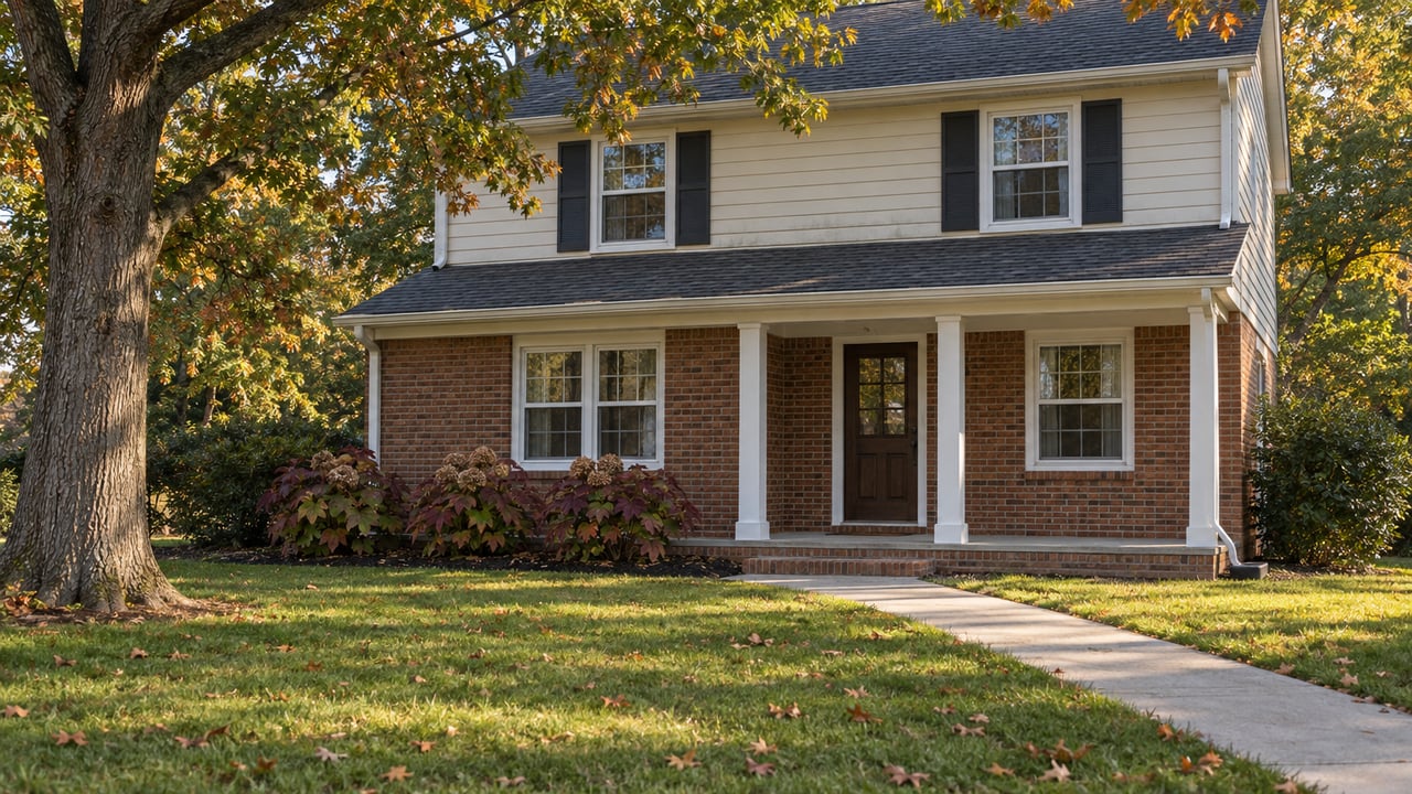 Brick-and-cream-siding home with a covered porch, broad autumn lawn, mature white oak and burgundy oakleaf hydrangeas.