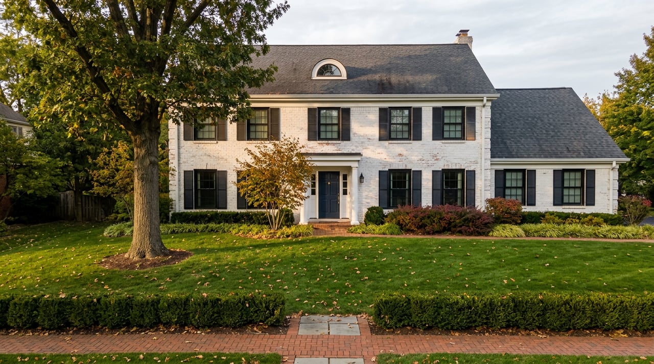 White-brick two-story home with black shutters, arched dormer, and mature oak in front lawn.