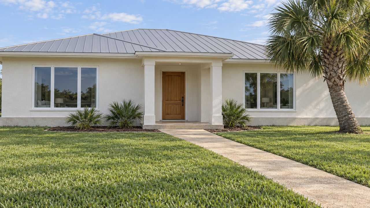Light-stucco single-story home with a pale metal roof, covered front entry, broad lawn and one mature palm.
