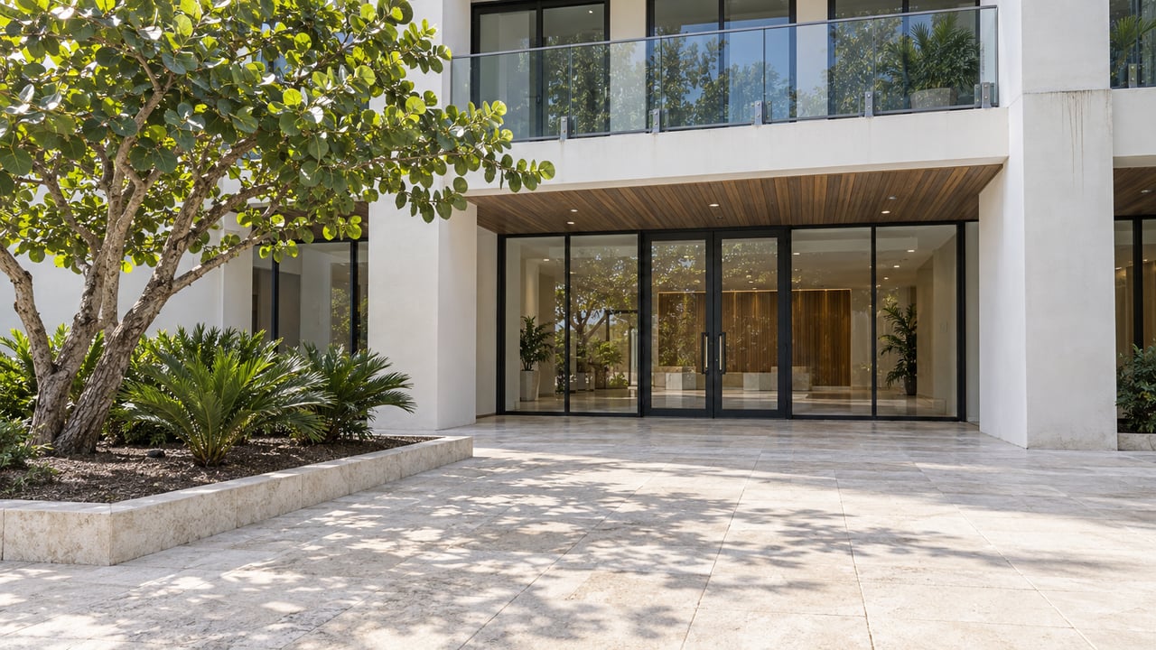 Contemporary condominium entrance with white stucco, warm wood soffit, glass doors and a sea-grape tree beside a limestone courtyard.