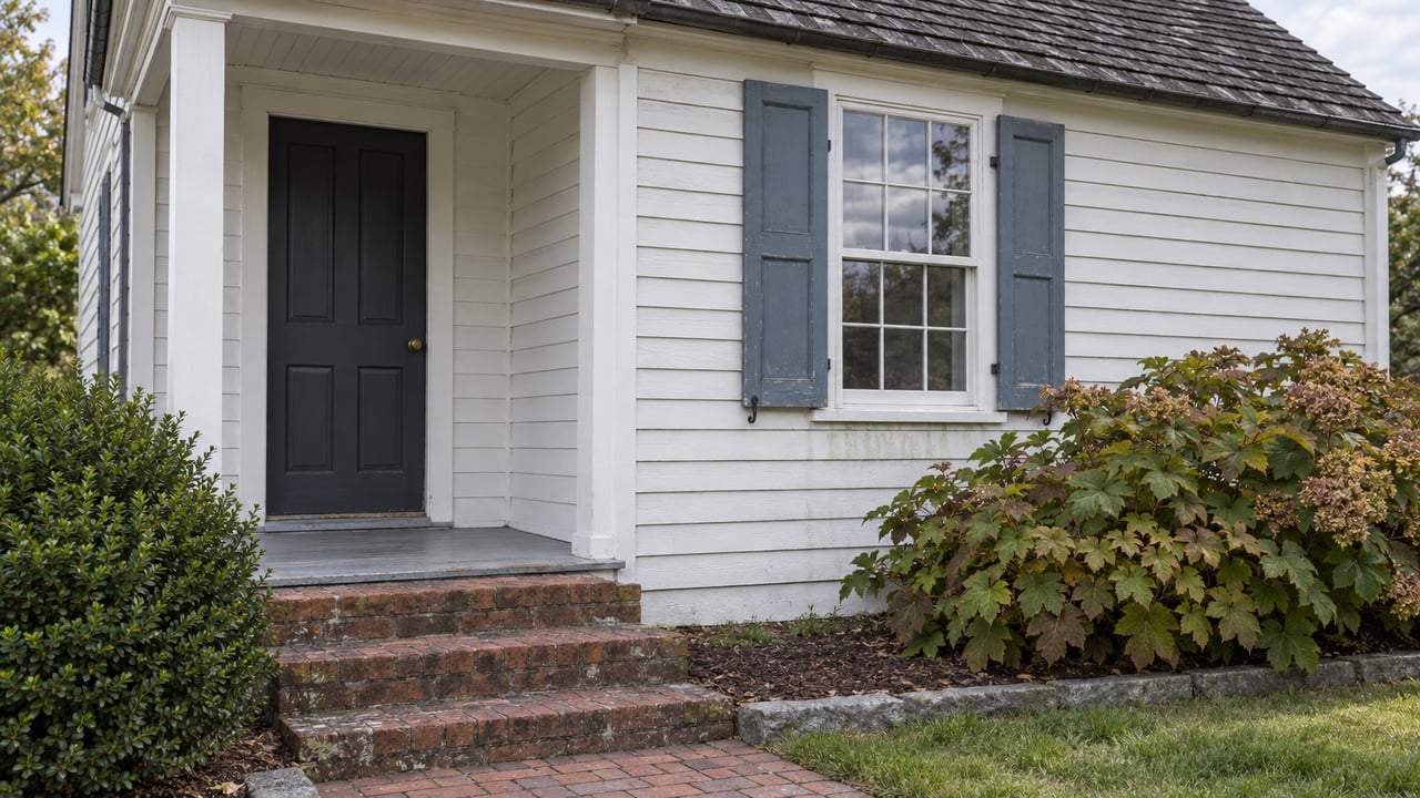 White clapboard cottage with a charcoal door, blue shutters, brick steps, and foundation shrubs.