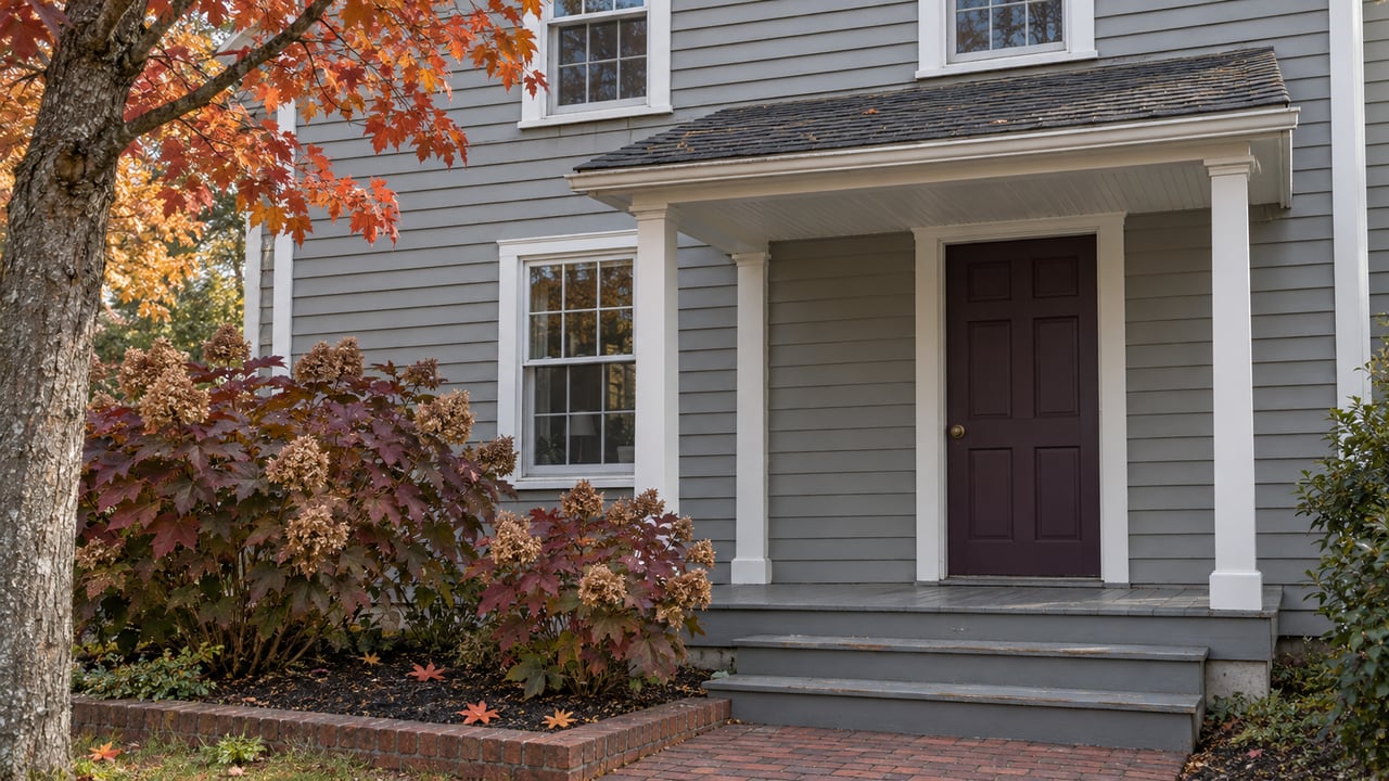 Gray clapboard home with white-trimmed windows, a plum paneled door and worn wooden porch steps beside autumn oakleaf hydrangeas.