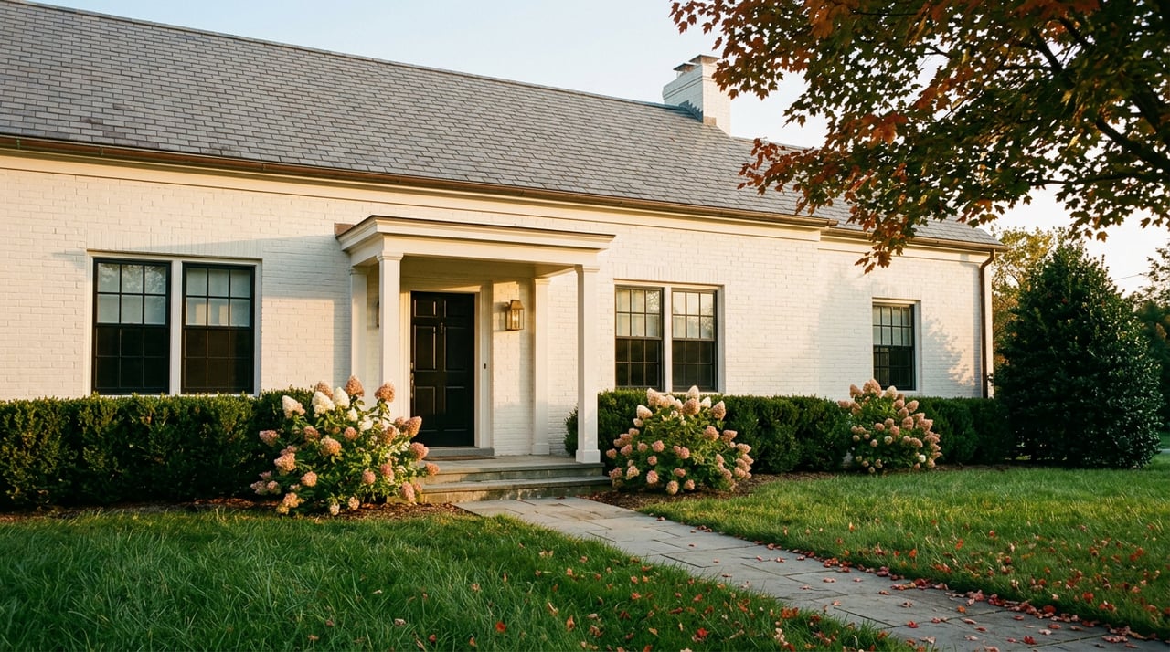 Two-story white brick home with a black entry door, stone walkway, pink hydrangeas, and autumn maple leaves.