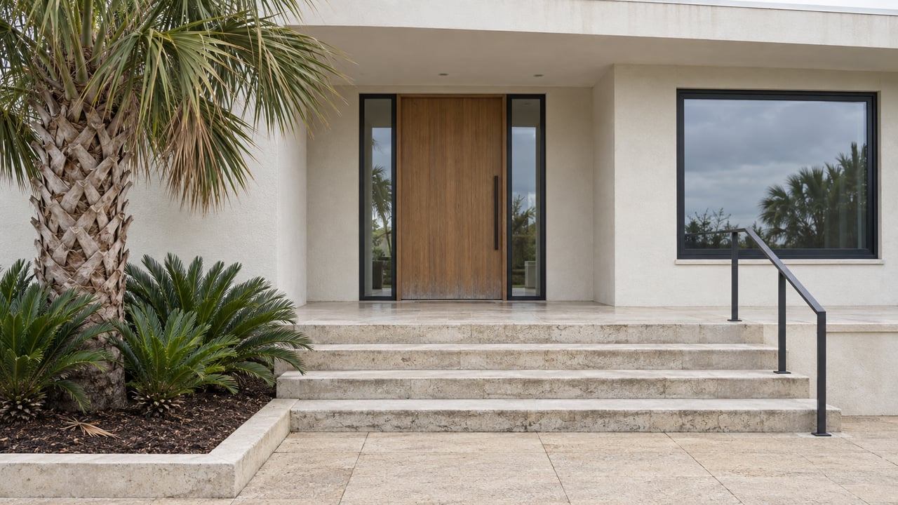 Warm-white coastal home entrance with sheltered oak door, limestone steps and a mature cabbage palm beside a compact paved forecourt.