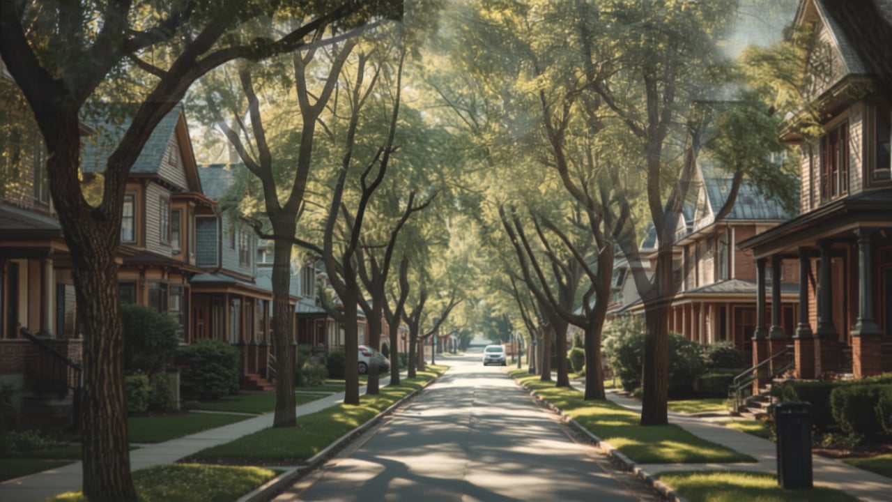 Tree-lined residential street with historic homes and sunlight dappling the road.