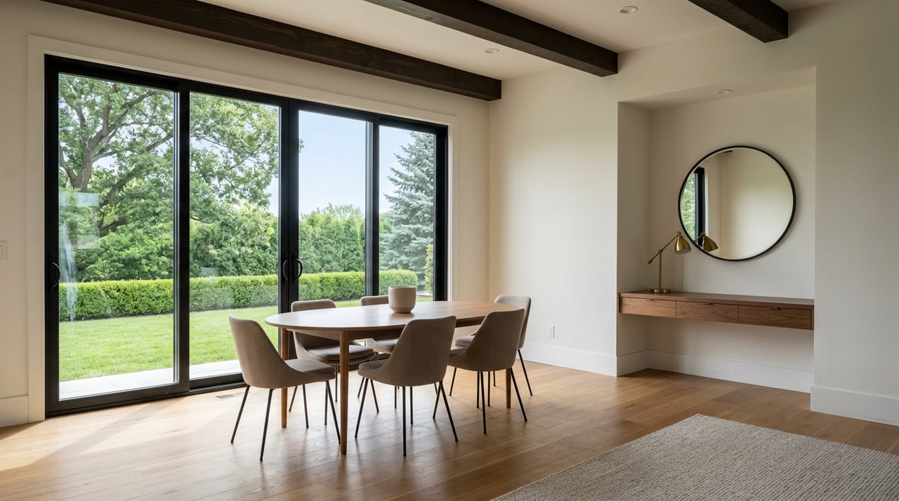 Dining nook with a walnut oval table and four taupe chairs beside a built-in desk and round mirror.