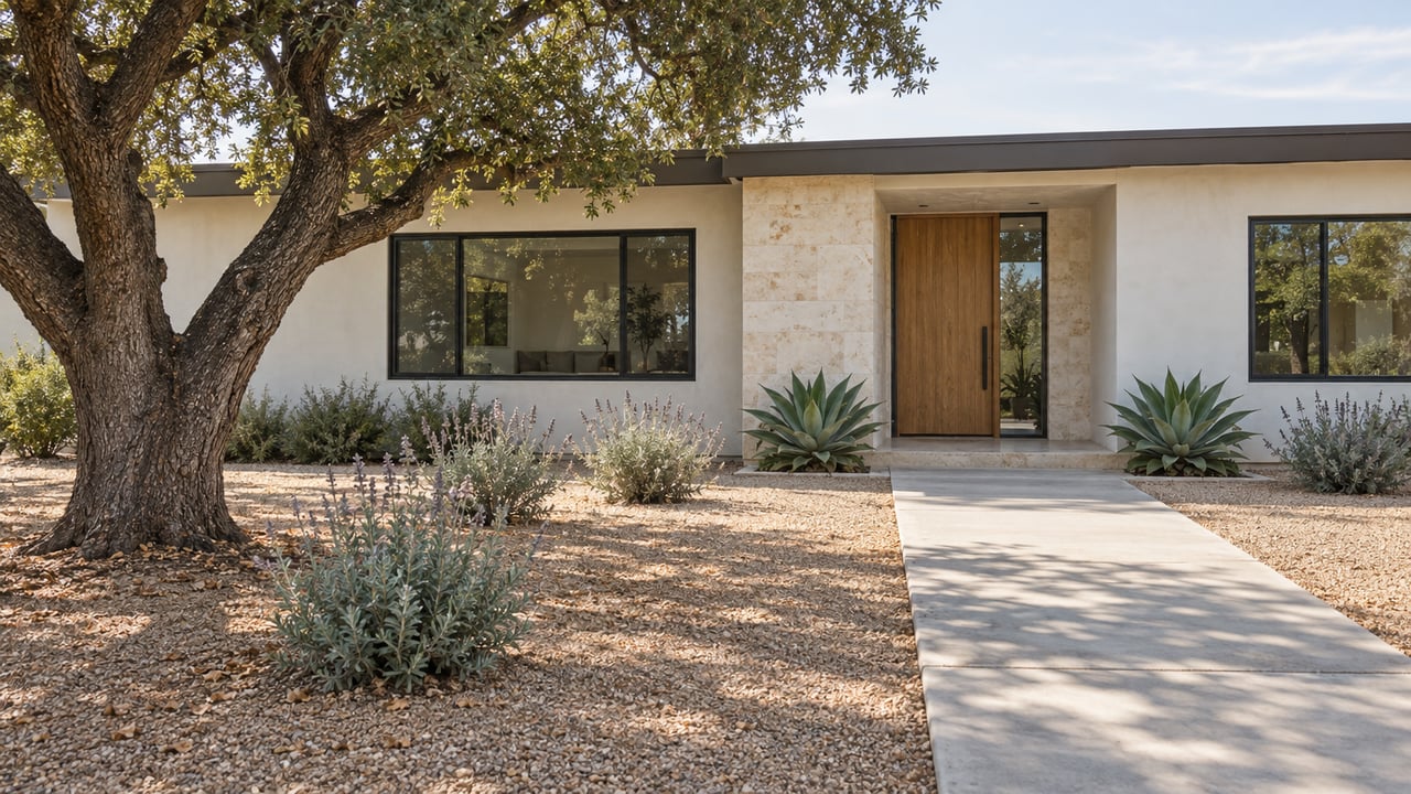 Contemporary pale-stucco home behind a broad concrete approach, with a sculptural oak, silver sage and agave in a gravel garden.