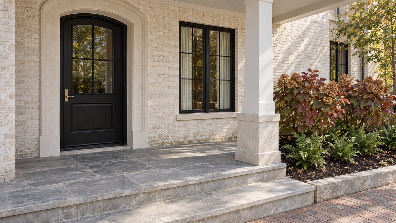 Sunlit limestone porch and arched dark entry door beside oakleaf hydrangeas with autumn foliage.