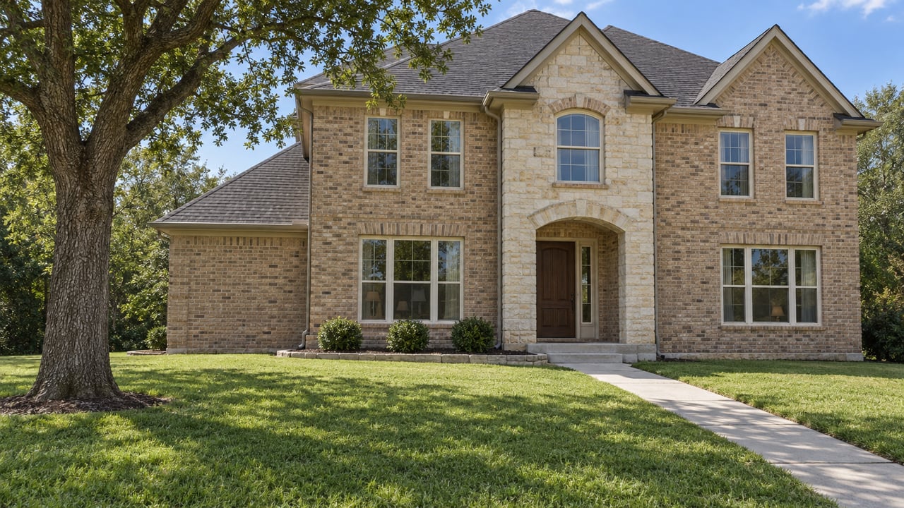 A two-story buff-brick home with a limestone entry, deep front lawn and mature shade tree in clear afternoon light.
