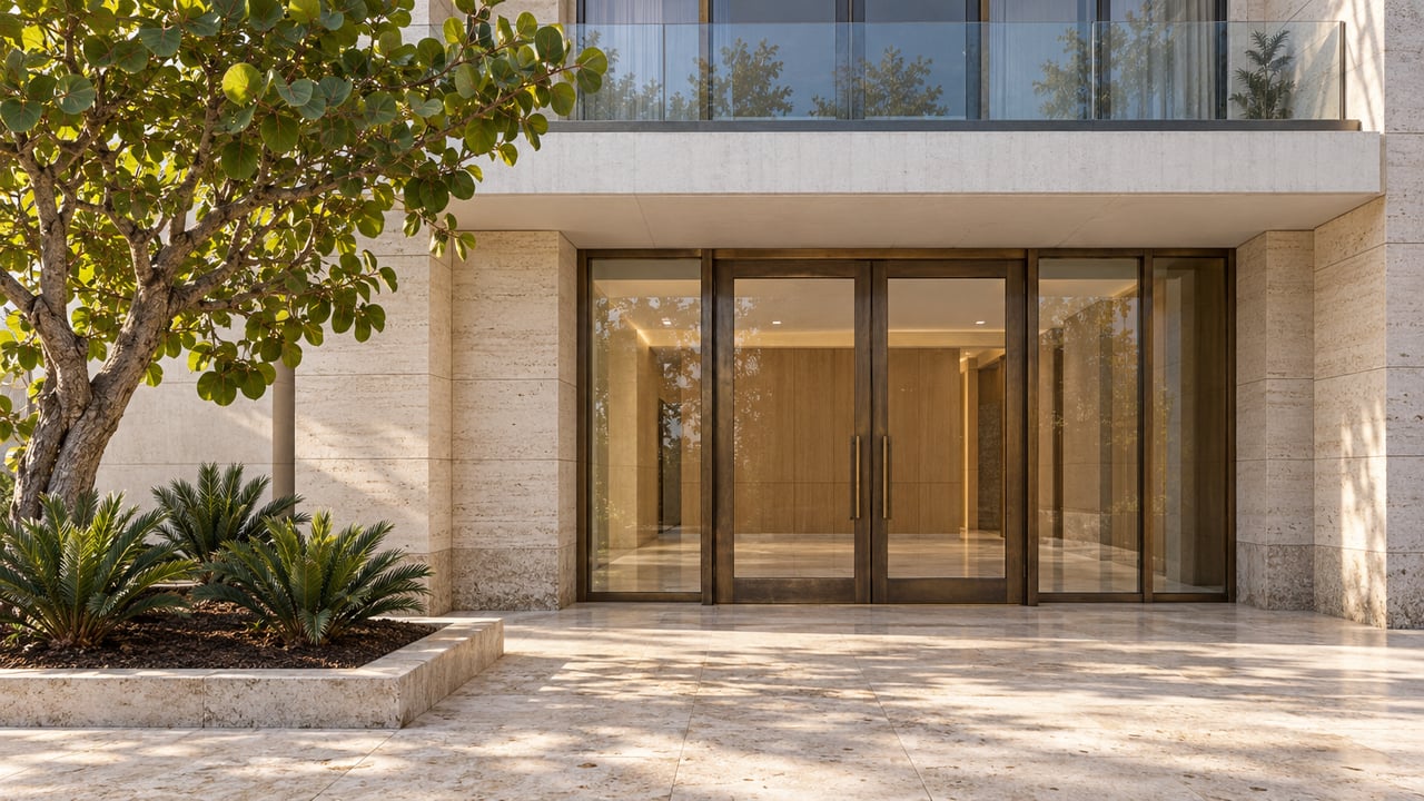 Sunlit travertine residential entrance with bronze-framed glass doors, a glass terrace and sculptural sea grape planting.