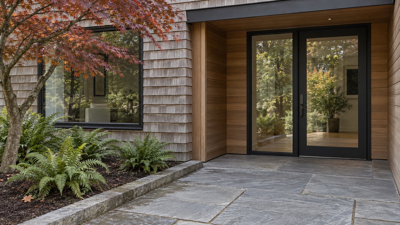 Cedar-shingled home entrance with black-framed glazing, gray sandstone paving, a Japanese maple, and sword ferns.
