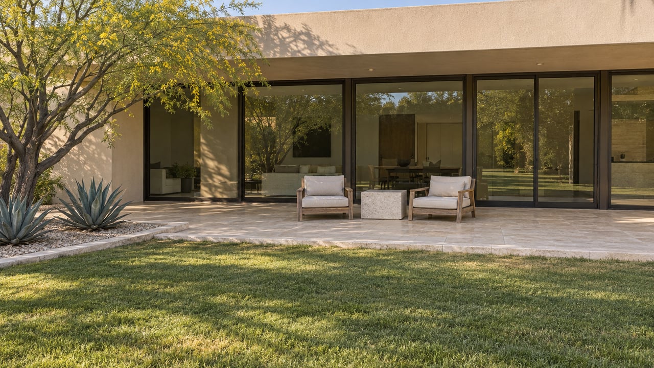 A sunlit lawn borders a limestone terrace with two teak lounge chairs beneath a broad stucco overhang, framed by a blue palo verde and two agaves.