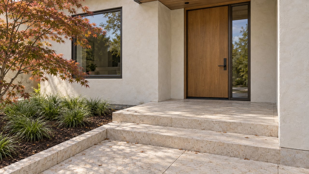 Oak front door with glazed sidelight, limestone steps, and a Japanese maple with rust-colored leaves.