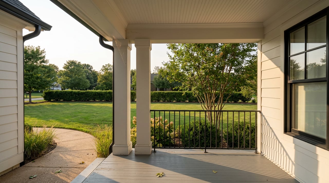 Porch column and iron railing frame a lawn, clipped hedge, tree, and curved concrete walk.