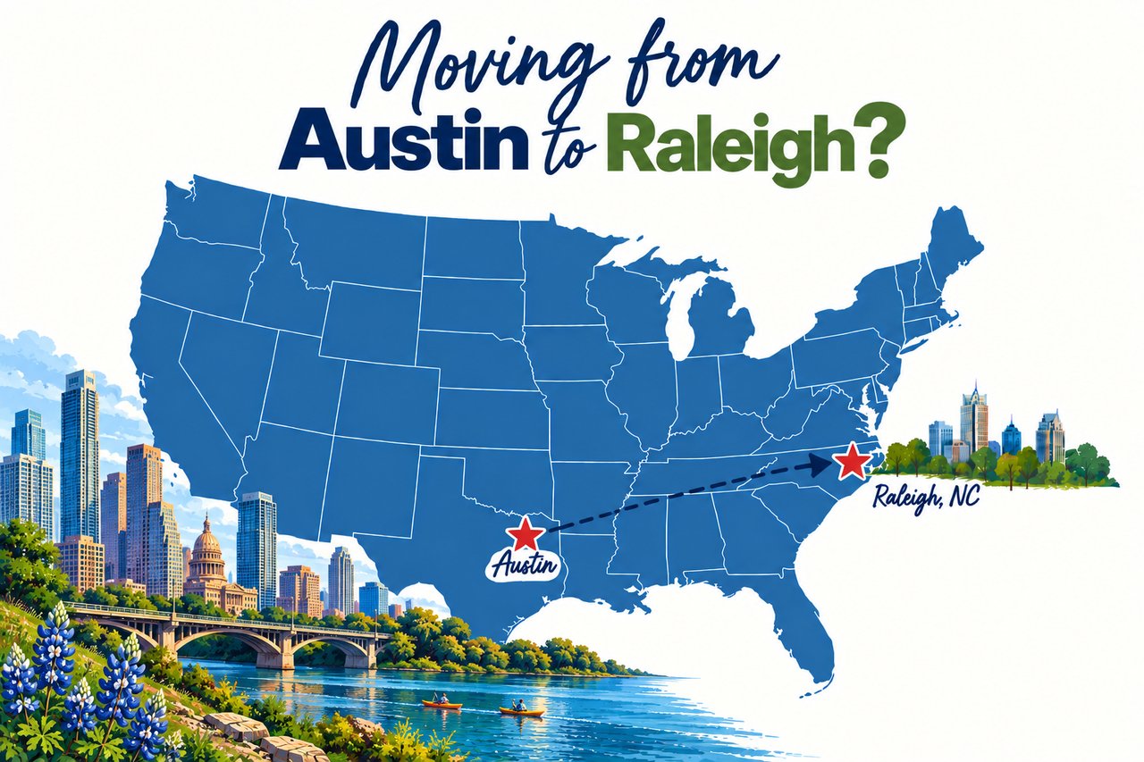 Map showing Austin connected to East Raleigh and Downtown Durham, its closest matches in the Triangle.