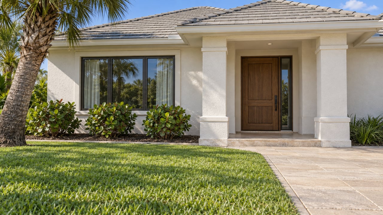 Warm-white stucco home with a recessed oak entrance, bronze-framed window, pale tiled roof and a broad paved approach through a green lawn.