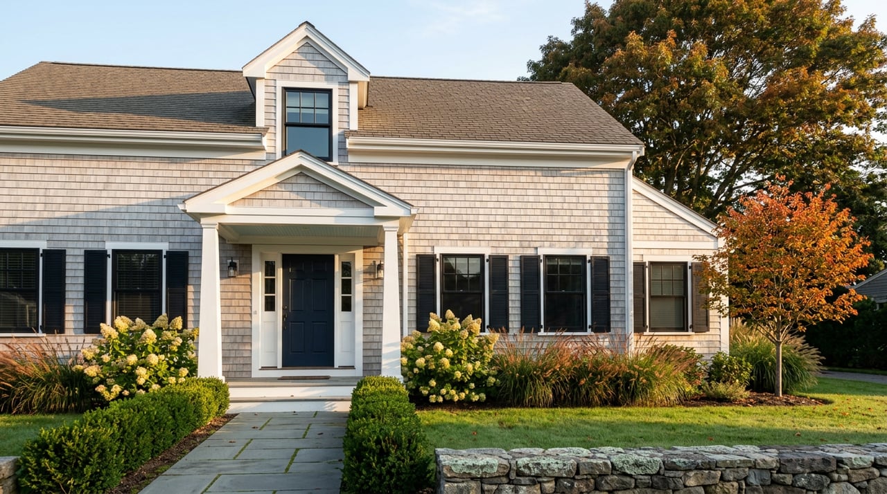 Silver-gray shingle-style home with navy entry, blue porch ceiling, bluestone walk, and autumn foliage.