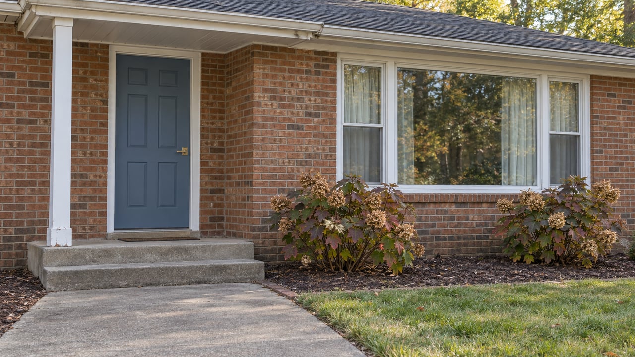 Brick ranch entry with a muted-blue door, white-framed picture window, concrete stoop and oakleaf hydrangeas in autumn daylight.