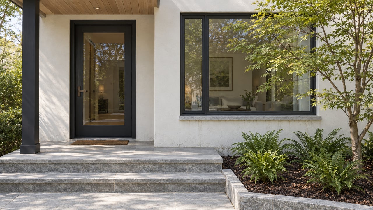 Warm-white plaster home with a dark-framed glazed entry, pale cedar porch soffit, limestone steps and a Japanese maple beside the approach.