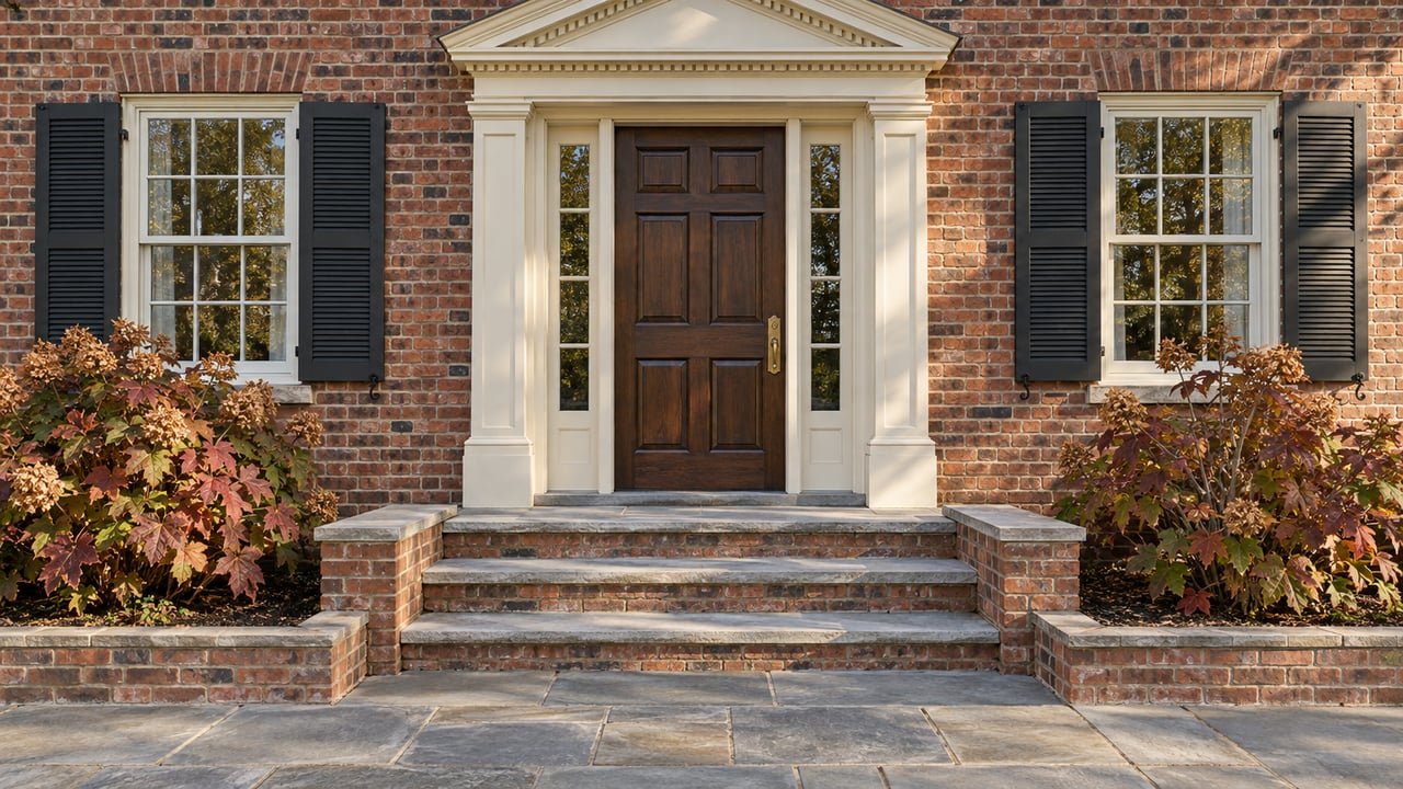 Traditional brick home entrance with a dark wood door, paired shuttered windows, limestone steps and autumn oakleaf hydrangeas.