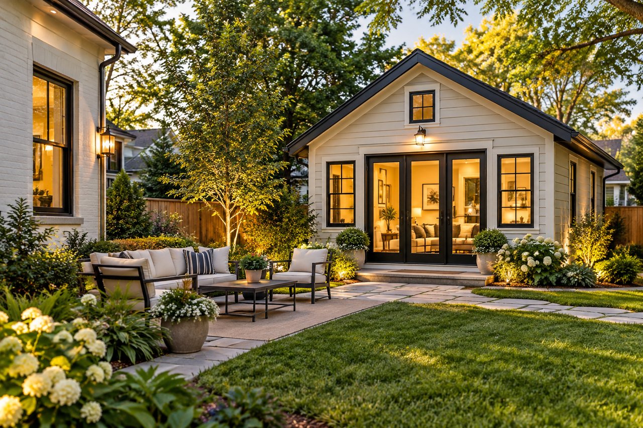 White backyard cottage with black-framed glass doors beside a stone patio and outdoor lounge seating.