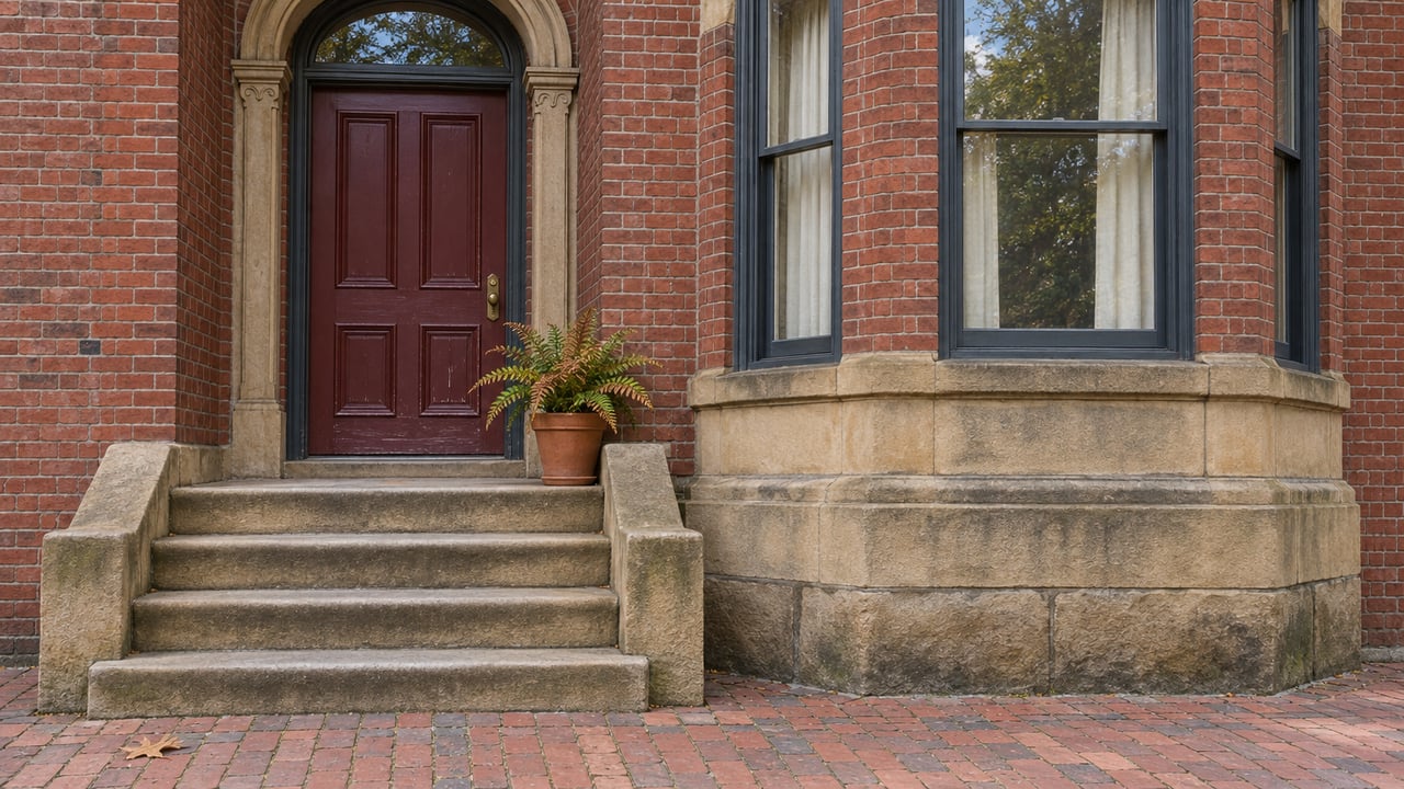 Red brick home entrance with worn sandstone steps, a closed oxblood door, and a charcoal-framed projecting bay window.