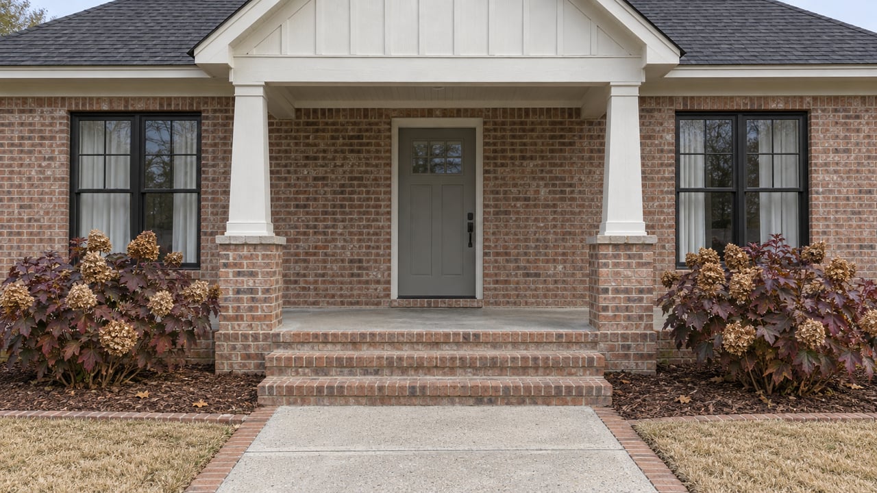 Red-brown brick home with a white gable, sheltered gray front door, paired windows and autumn oakleaf hydrangeas beside brick steps.