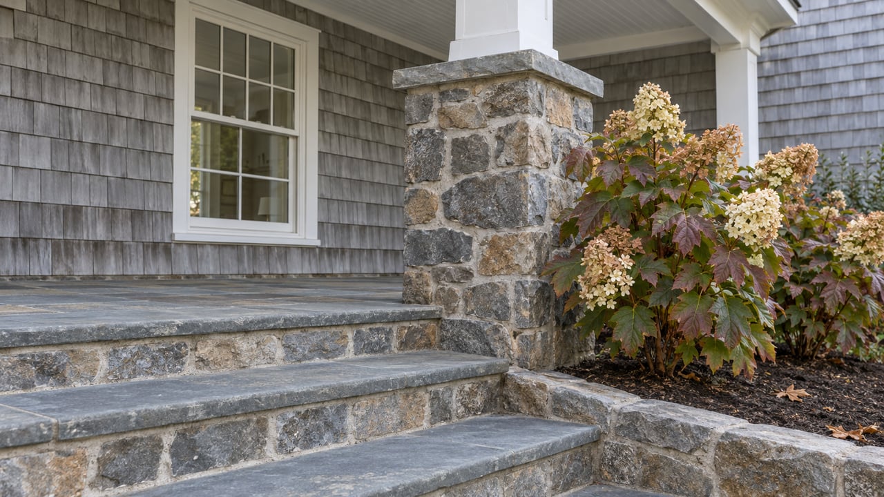 Stone steps lead to a covered porch beside a flowering hydrangea.