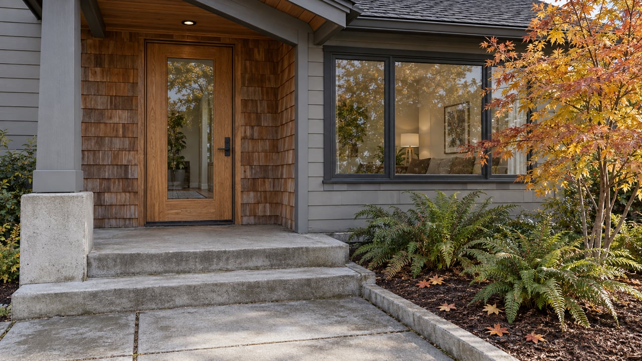 An oak entry door and charcoal-framed window beneath a gabled porch, beside an autumn vine maple and sword ferns.