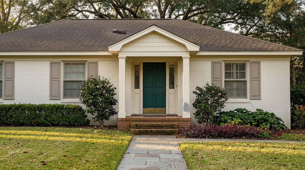 White brick home with a green paneled door, columned portico, lawn, and spreading live oak.