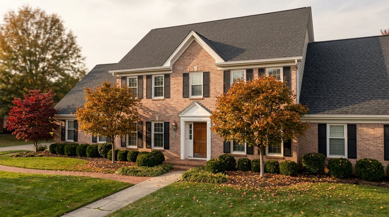 Two-story brick house with a gabled entry, curved walkway, clipped shrubs, and amber and scarlet autumn trees.