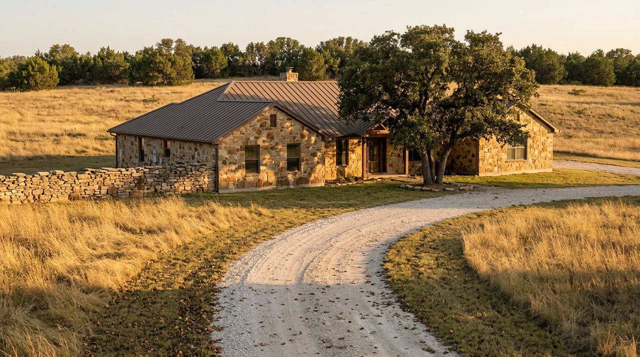 Single-story fieldstone ranch house beside a gravel drive, stone wall, and open pasture.