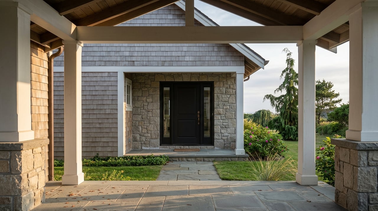 Fieldstone entry and dark door beneath a timber portico, opening onto a flagstone walk and conifer-lined yard.