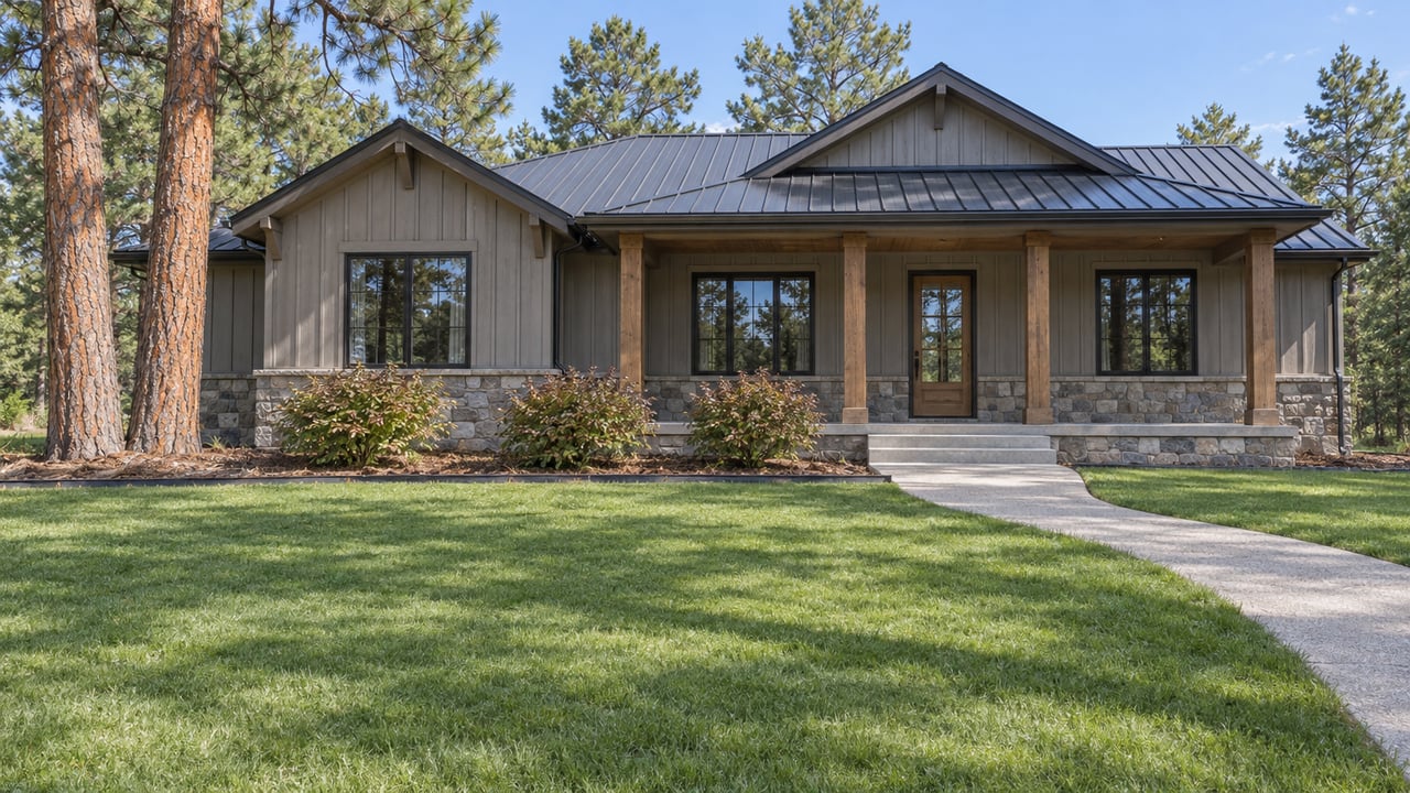 A low gabled home with timber porch posts, gray siding and stone foundation beyond a broad lawn, with two mature pines at one side.